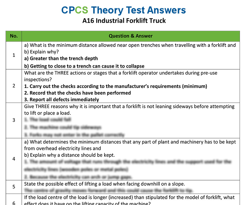 CPCS A16 Industrial Forklift Truck Theory Test Answers